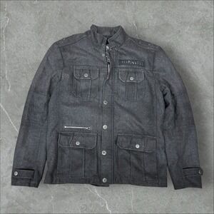 Affliction Premium Jacket Mens Large Grey Y2K Wool Blend Cross Military Gothic